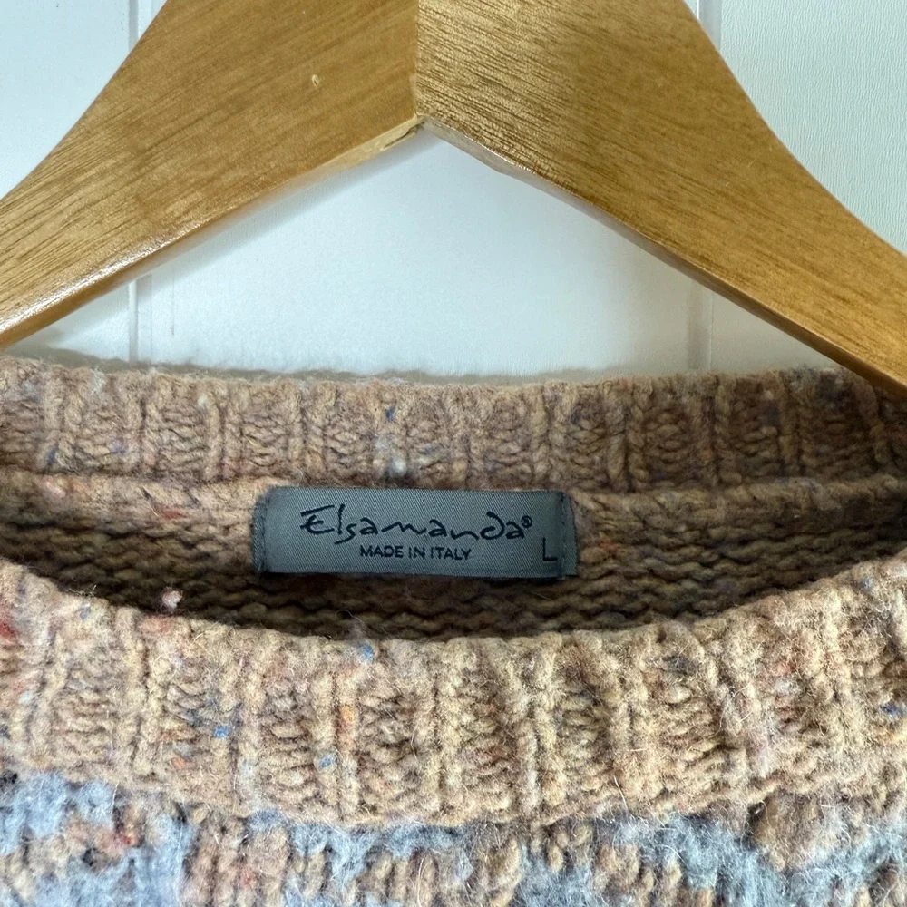 Elsamanda Italy Wool & Mohair Cozy‎ Brown and Blue Patterned Sweater Italian L